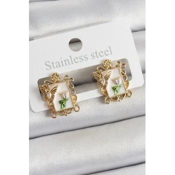 Pirinç Beyaz Mineli Sanatsal Portre Model Gold Renk Kadın Küpe