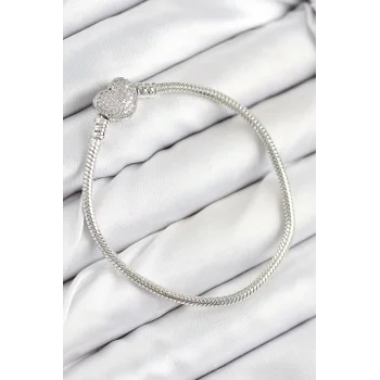Pirinç Charm Zirkon Taşlı Kalp Model Gümüş Renk Kadın Bileklik