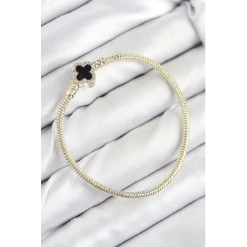 Pirinç Charm Zirkon Taşlı Yonca Model Gold Renk Kadın Bileklik