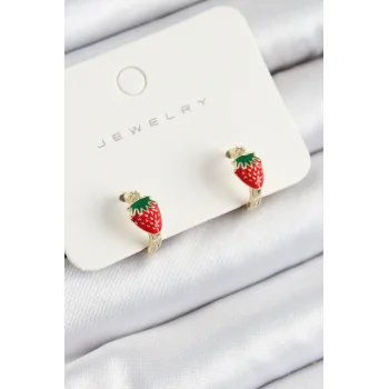 Pirinç Çilek Model Gold Renk Çocuk Küpe