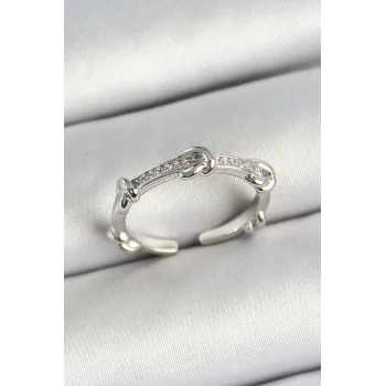 Pirinç Düğüm Figürlü Zirkon Taşlı Gümüş Renk Ayarlanabilir Kadın Yüzük