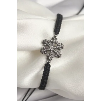 Pirinç Füme Renk Zirkon Taşlı Kar Tanesi Figür Makrome Asansörlü Model Kadın Bileklik