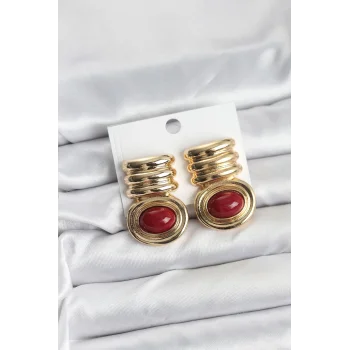 Pirinç Gold Bordo Renk Vintage Kadın Küpe