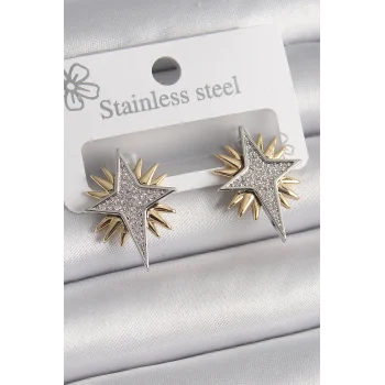 Pirinç Gold Gümüş Renk Zirkon Taşlı Kutup Yılıdız Model Kadın Küpe
