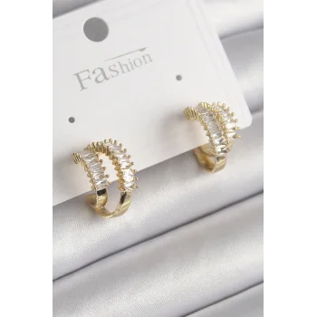 Pirinç Gold Renk 2Li Zirkon Taşlı Halka Model Kadın Küpe