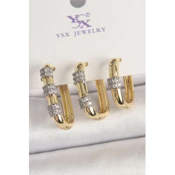 Pirinç Gold Renk 3Lü Halka Model Gümüş Zirkon Taş Detaylı Kadın Kombin Küpe