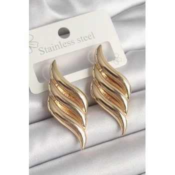 Pirinç Gold Renk 3 Sıra Dalga Model Kadın Küpe