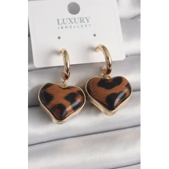 Pirinç Gold Renk 3D Kalp Leopar Desen Model Kadın Küpe