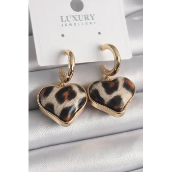 Pirinç Gold Renk 3D Kalp Leopar Model Kadın Küpe