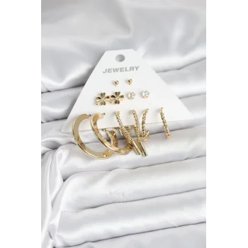 Pirinç Gold Renk 6 Çift Kadın Küpe Seti