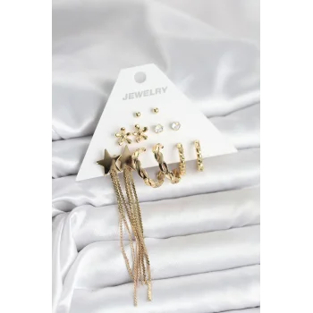Pirinç Gold Renk 6 Çift Kadın Küpe Seti