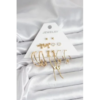 Pirinç Gold Renk 6 Çiftli Kadın Küpe Seti