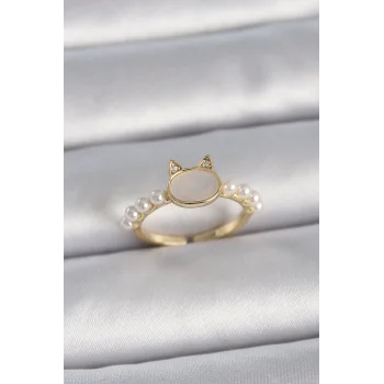 Pirinç Gold Renk Ayarlanabilir Beyaz Mineli Kedi Model İnci Detay Kadın Yüzük