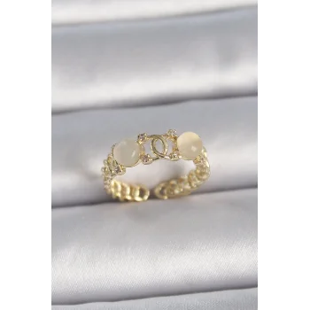 Pirinç Gold Renk Ayarlanabilir Zirkon Taşlı Beyaz Mineli Birleşik Halka Model Kadın Yüzük