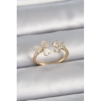 Pirinç Gold Renk Ayarlanabilir Zirkon Taşlı Kalp Beyaz Mineli Model Kadın Yüzük