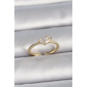 Pirinç Gold Renk Ayarlanabilir Zirkon Taşlı Kalp Model Kadın Yüzük