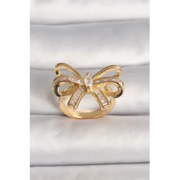 Pirinç Gold Renk Ayarlanabilir Zirkon Taşlı Kurdele Model Kadın Yüzük