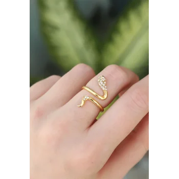 Pirinç Gold Renk Ayarlanabilir Zirkon Taşlı Yılan Yüzük