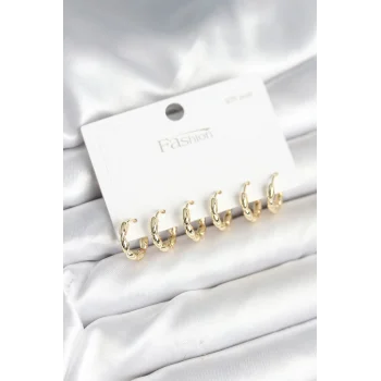 Pirinç Gold Renk Baklalı Halka 925 Gümüş Çivi Kadın Küpe Seti