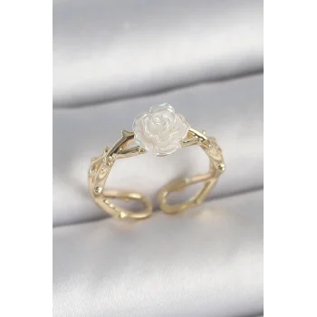 Pirinç Gold Renk Beyaz Gül Model Ayarlanabilir Kadın Yüzük