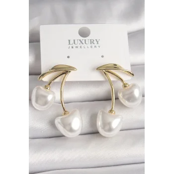 Pirinç Gold Renk Beyaz İnci Kiraz Model Kadın Küpe