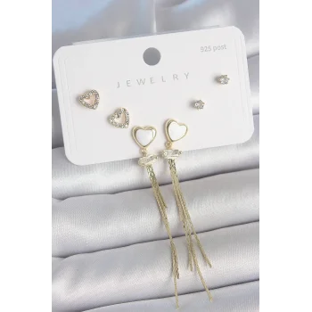 Pirinç Gold Renk Beyaz Mineli Sallantı Mineli Kalp Model Zirkon Taş Detaylı 925 Ayar Gümüş Çivi Kadın Küpe Seti