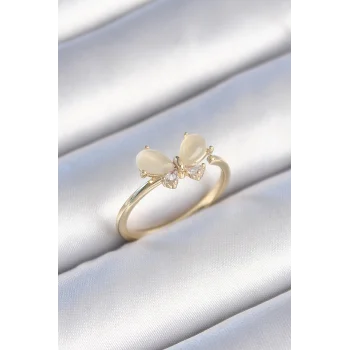 Pirinç Gold Renk Beyaz Mineli Zirkon Taşlı Kelebek Model Kadın Yüzük