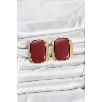 Pirinç Gold Renk Bordo Plaka Vintage Kadın Küpe