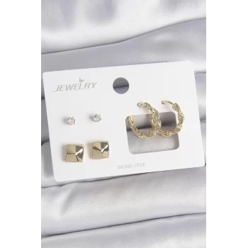 Pirinç Gold Renk Burgu Halka Model Zirkon Taşlı Kare Detay 3 Çift Kadın Küpe Seti