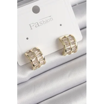 Pirinç Gold Renk Çift Sıra Zirkon Taşlı Kadın Küpe