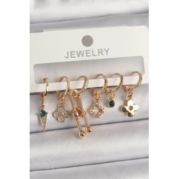 Pirinç Gold Renk Çoklu Figür Kadın Küpe Seti