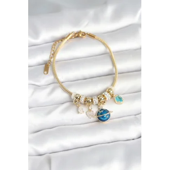 Pirinç Gold Renk Dünya Charmlı Kadın Bileklik