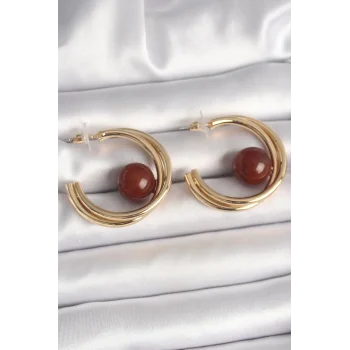 Pirinç Gold Renk Halka Model Kahverengi Boncuk Detay Kadın Küpe