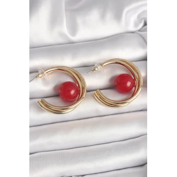 Pirinç Gold Renk Halka Model Kırmızı Boncuk Detay Kadın Küpe