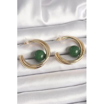 Pirinç Gold Renk Halka Model Yeşil Boncuk Detay Kadın Küpe