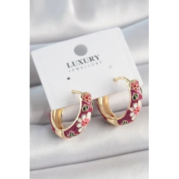 Pirinç Gold Renk Halka Mor Çiçek Mineli Kadın Küpe