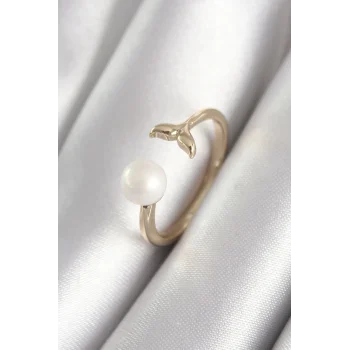 Pirinç Gold Renk İnci Top Figür Balık Kuyruğu Model Kadın Yüzük