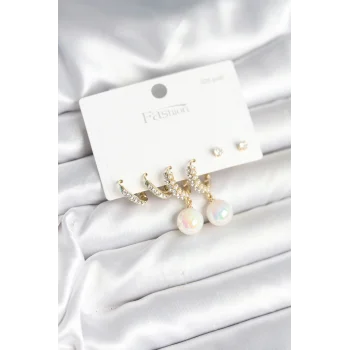 Pirinç Gold Renk İncili 925 Ayar Gümüş Çivi Kadın Küpe Seti