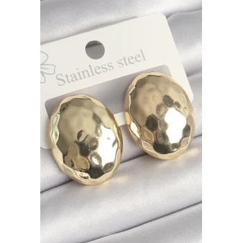 Pirinç Gold Renk İşlemeli Bombe Oval Model Kadın Küpe