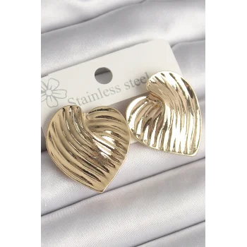Pirinç Gold Renk İşlemeli Plaka Kalp Model Kadın Küpe