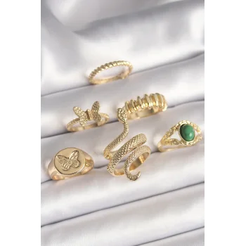 Pirinç Gold Renk İşlemeli Yılan Model Kelebek Detay 6Lı Kadın Yüzük Seti