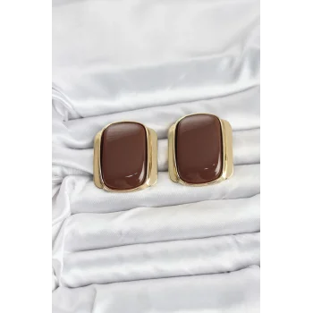 Pirinç Gold Renk Kahverengi Plaka Vintage Kadın Küpe