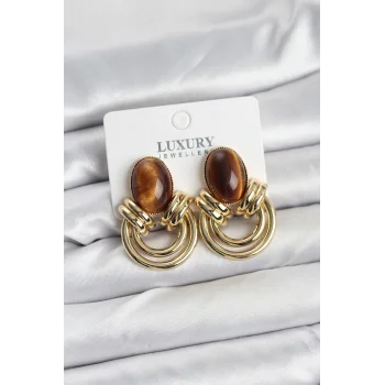 Pirinç Gold Renk Kahverengi Taşlı Vintage Kadın Küpe