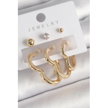 Pirinç Gold Renk Kalp Model Zirkon Taşlı Topçuk Detay Kadın Küpe Seti