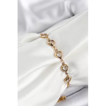 Pirinç Gold Renk Kalp Zirkon Taşlı Kadın Bileklik
