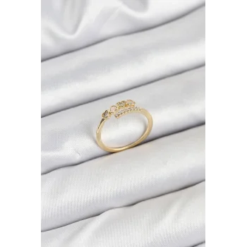 Pirinç Gold Renk Kalpli Detaylı Zirkon Taşlı Kadın Yüzük