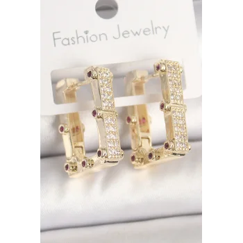 Pirinç Gold Renk Kare Zirkon Taşlı Kadın Küpe