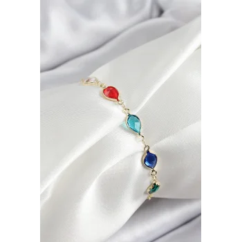 Pirinç Gold Renk Karışık Renk Damla Zirkon Taşlı Kadın Bileklik