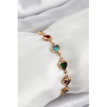 Pirinç Gold Renk Karışık Renk Kalp Zirkon Taşlı Kadın Bileklik