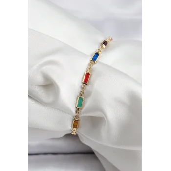 Pirinç Gold Renk Karışık Renkli Kare Zirkon Taşlı Kadın Bileklik